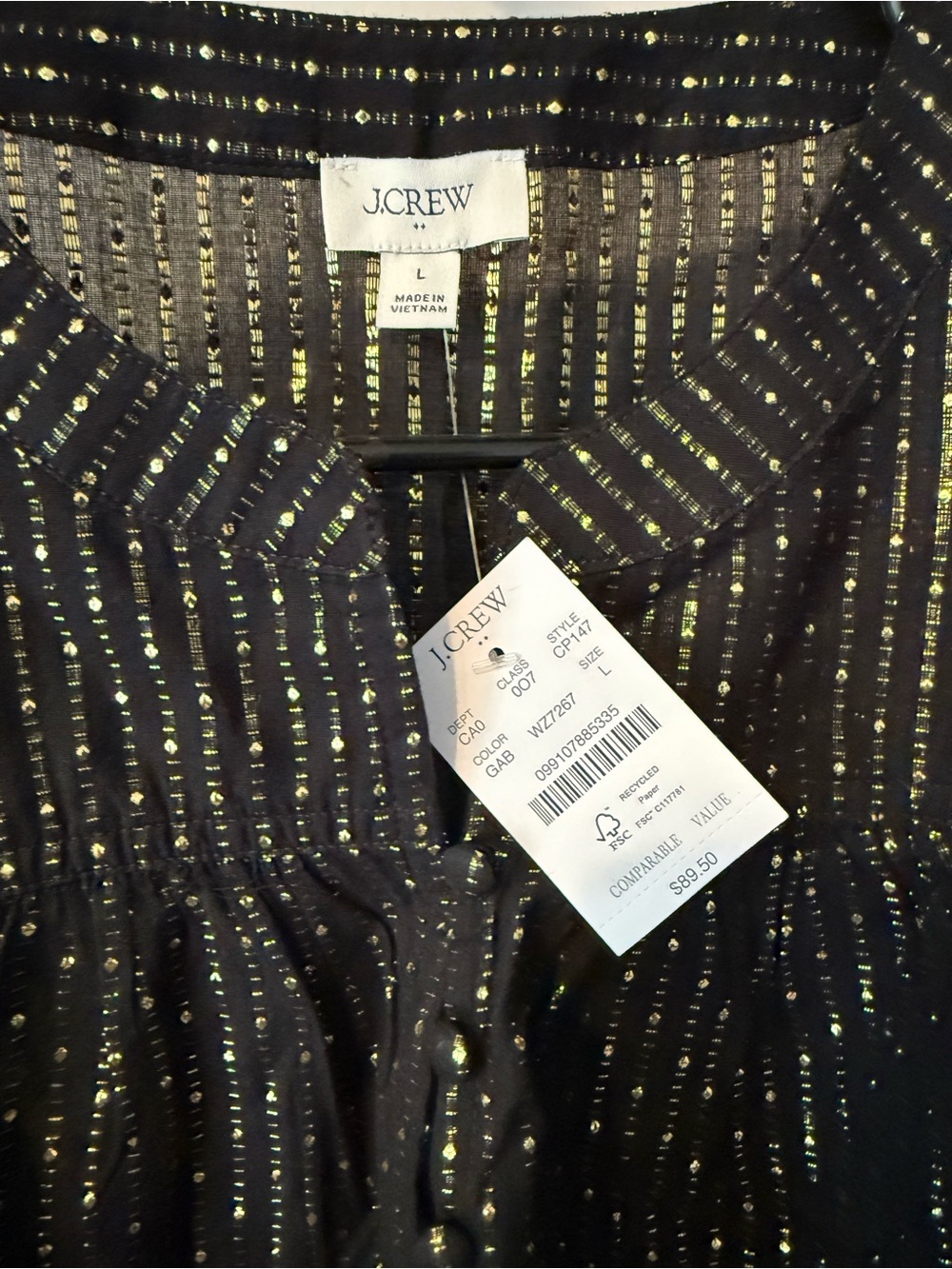 J. Crew Black Blouse with Gold Metallic Dots - Picture 2 of 9